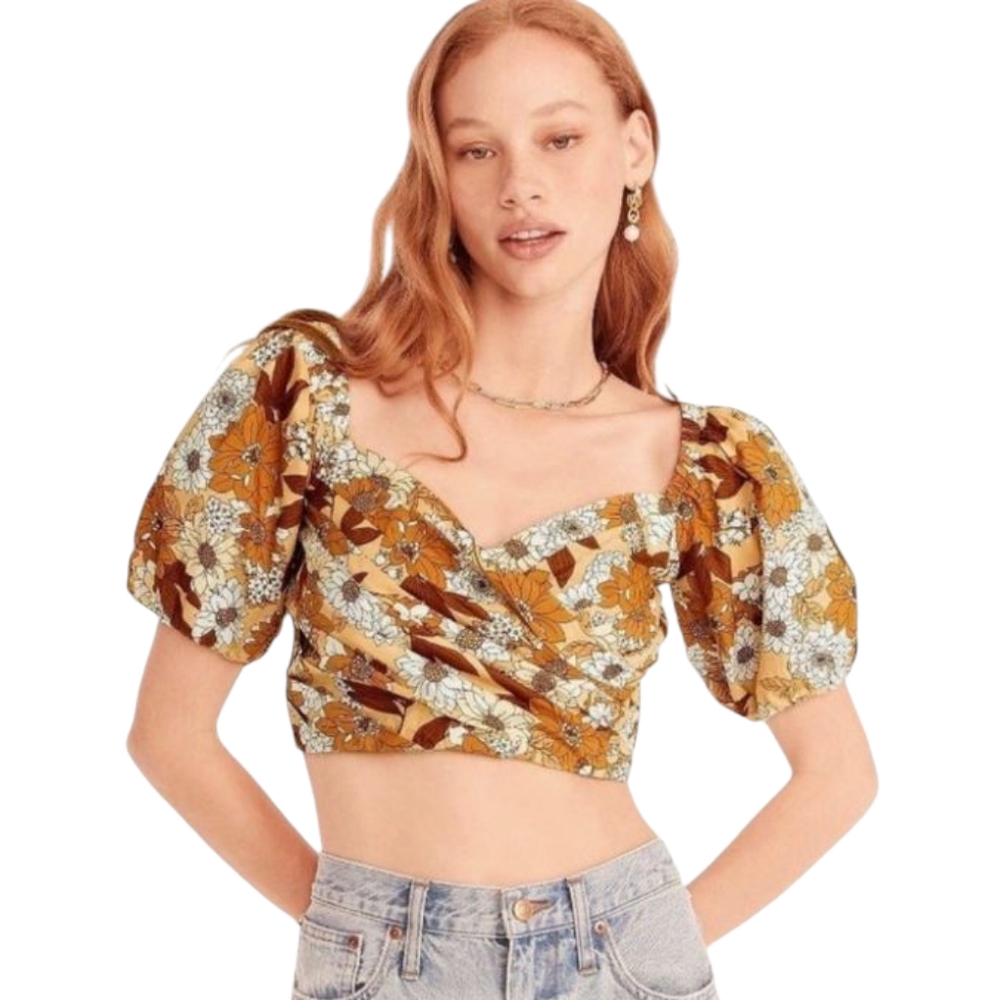 J.Crew Puff Sleeve Organic Cotton Smocked Cropped Top Zinnia Floral Size Small